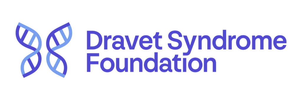 The logo says Dravet Syndrome Foundation in purple, with a logo on the left of a butterfly made up of two DNA helixes in purple and lilac.