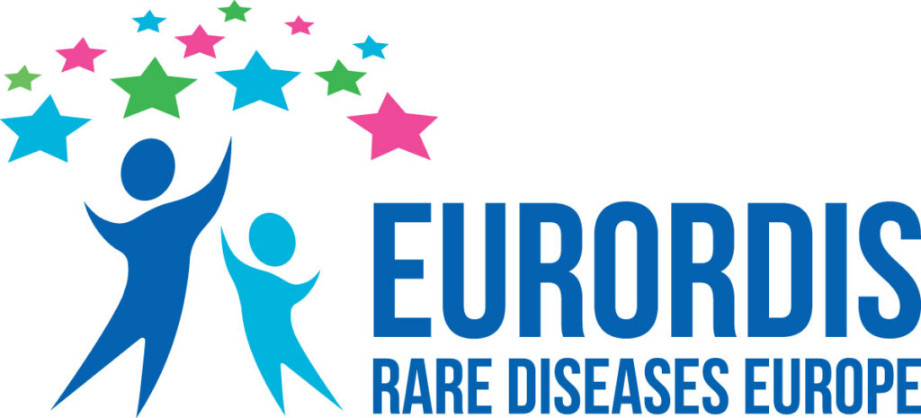 The logo says EURORDIS Rare Diseases Europe in dark blue. On the left of the writing is an abstract image of an adult in dark blue and a child in light blue, both reaching up. Above them are multiple stars in light blue, green and pink.