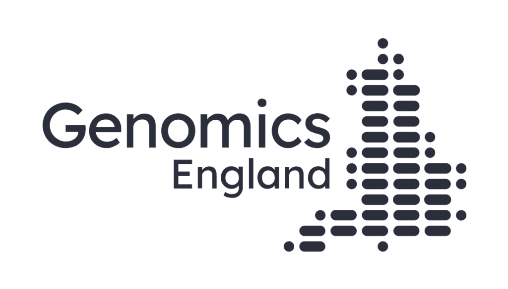 The logo says Genomics England in black writing on the left. On the right is a black abstract image of the map of England.