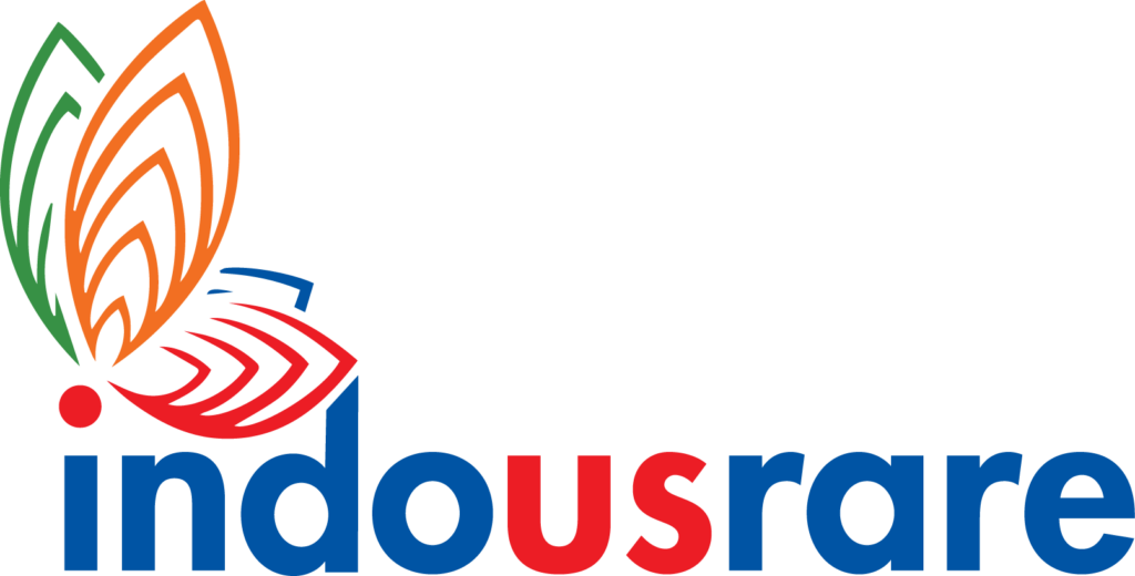 The logo says indousrare in blue, except for the us and the dot of the i which is red. Above the writing on the left is an abstract flower of red, blue, green and orange.