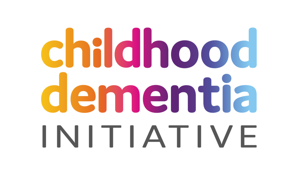 The logo says childhood dementia initiative. Childhood dementia is coloured in a gradient of yellow, orange, pink, purple dark blue to light blue, from left to right. Initiative is in balck.