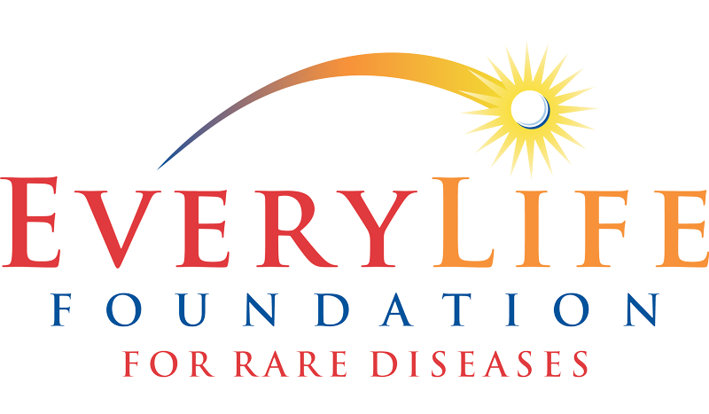 The logo says EveryLife (every in red, life in orange), Foundation (in dark blue) For rare diseases in red. Above the words EveryLife is the image of a white ball that looks to have been thrown leaving an orange trail and landing on a yellow star.