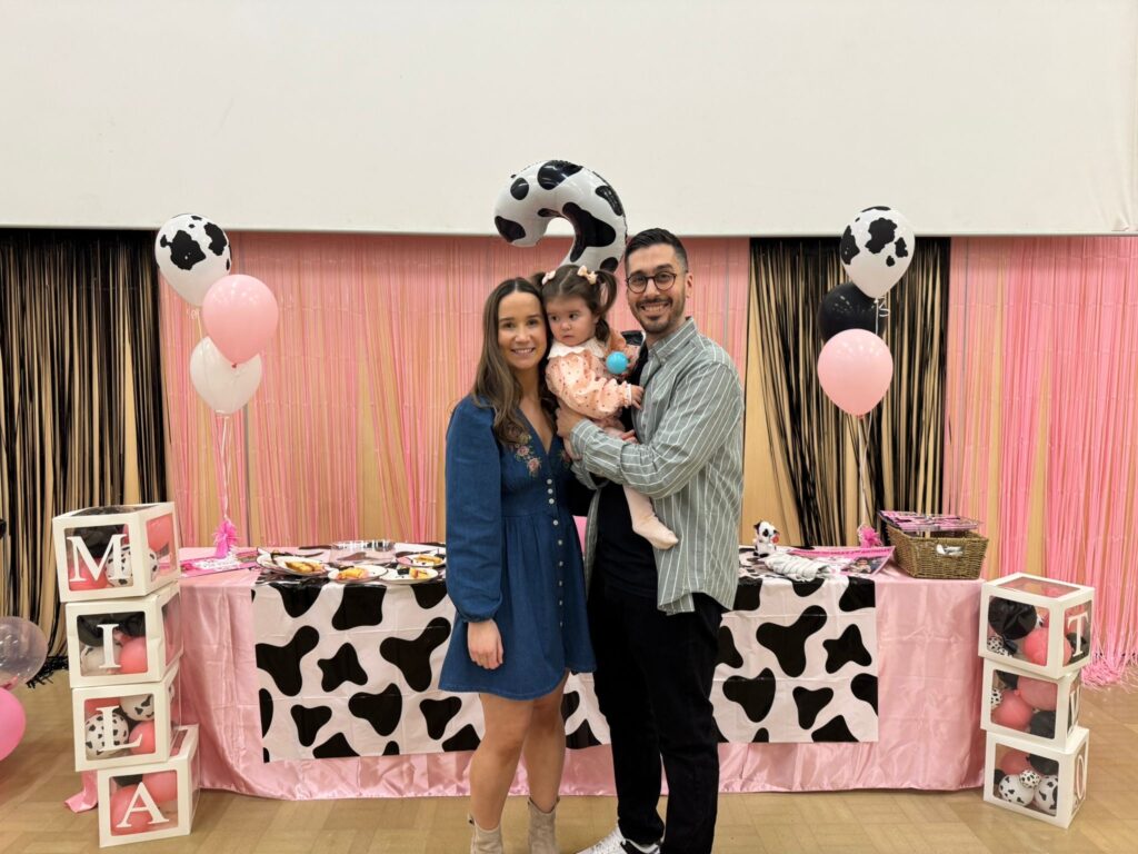 Ciara (Mila's mum), Mila and Mete are pictured at Mila's 2nd birthday party which was cow themed