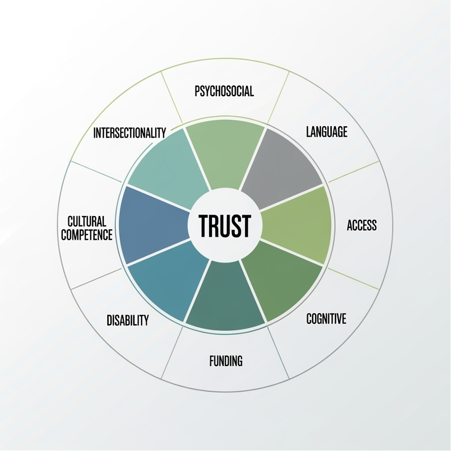 Wheel diagram showing nine barriers to patient inclusion with trust at the centre