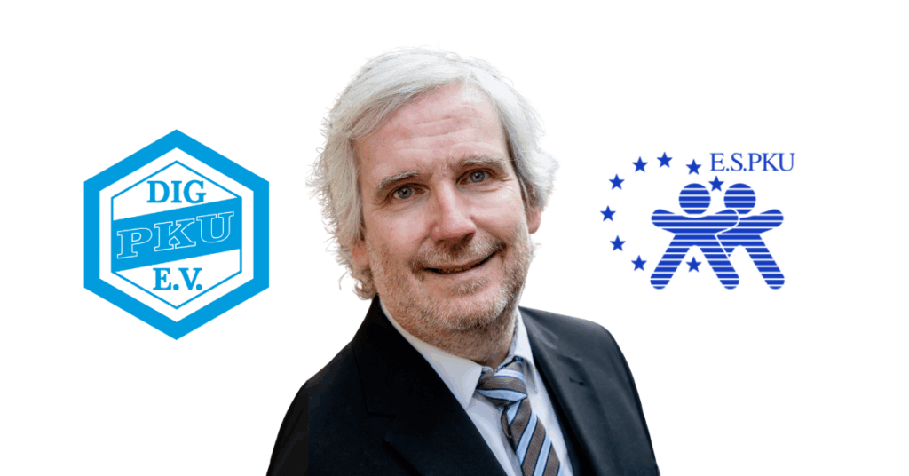 Tobias Hagedorn, managing director of the German Phenylketonuria Patients Organisation DIG PKU and secretary of the European Society for Phenylketonuria (ESPKU) in the centre of the image, on either side are the logo's for DIG PKU and ESPKU