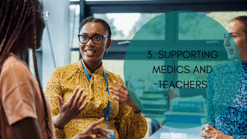 Image of 3 women talking, one is wearing a lanyard to denote she is a teacher