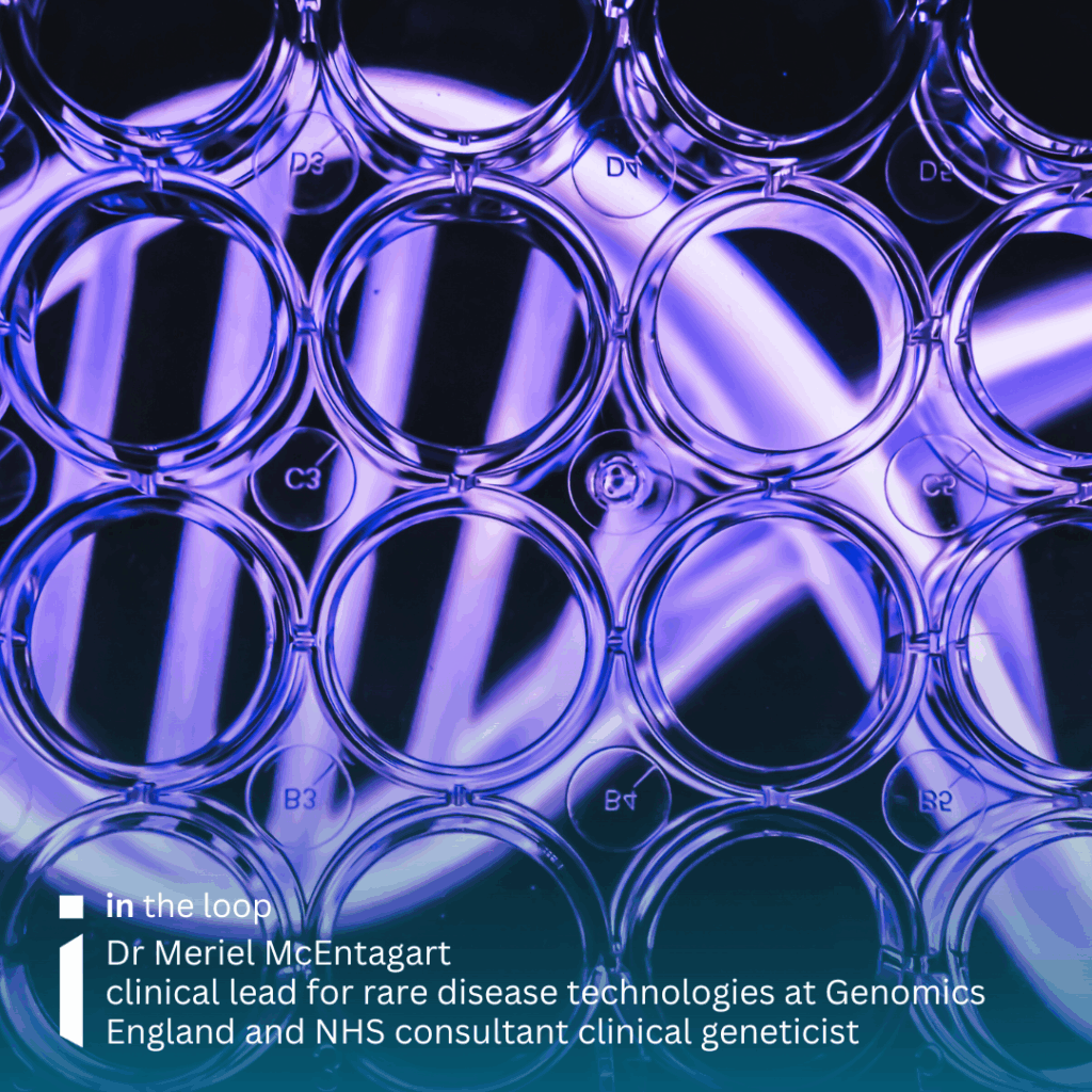 Image to denote genomic research - a look through a 24-well plate with abstract DNA strand in the background.
