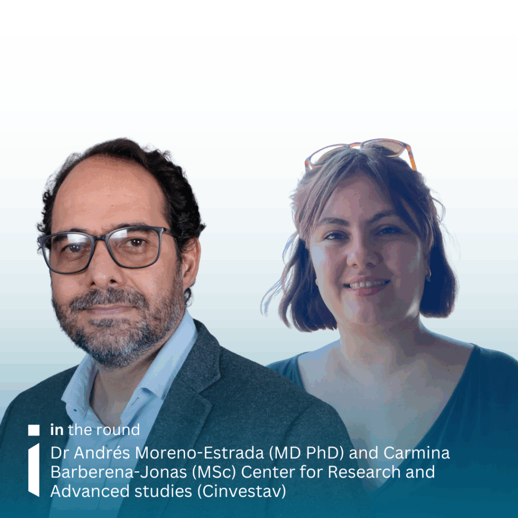 Headshot photos of Dr Andrés Moreno-Estrada and Carmina Barberena-Jonas