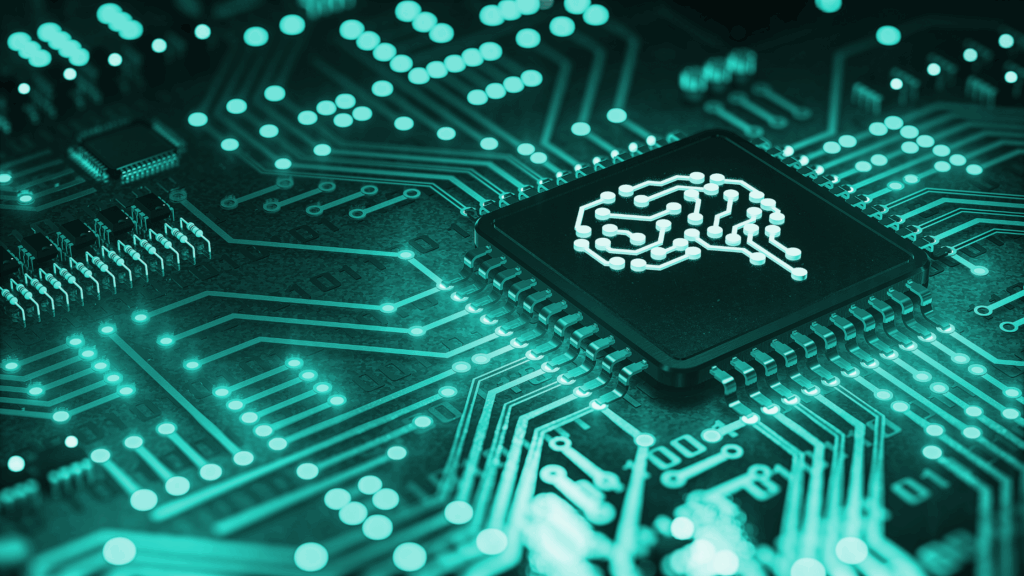 Image of a computer chip and circuit board to denote artificial intelligence