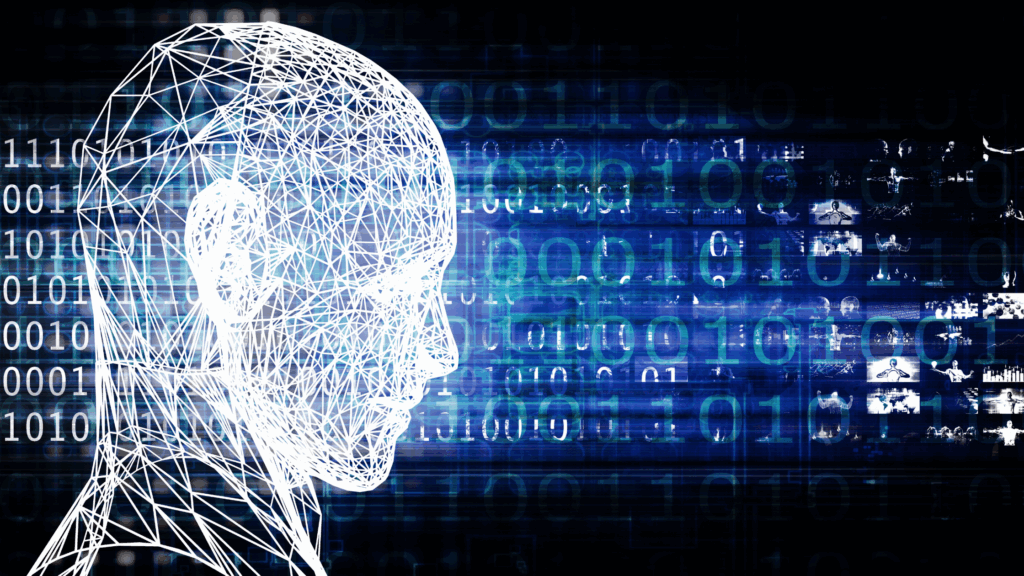 Image of a computer generated human head with data in the background to denote AI