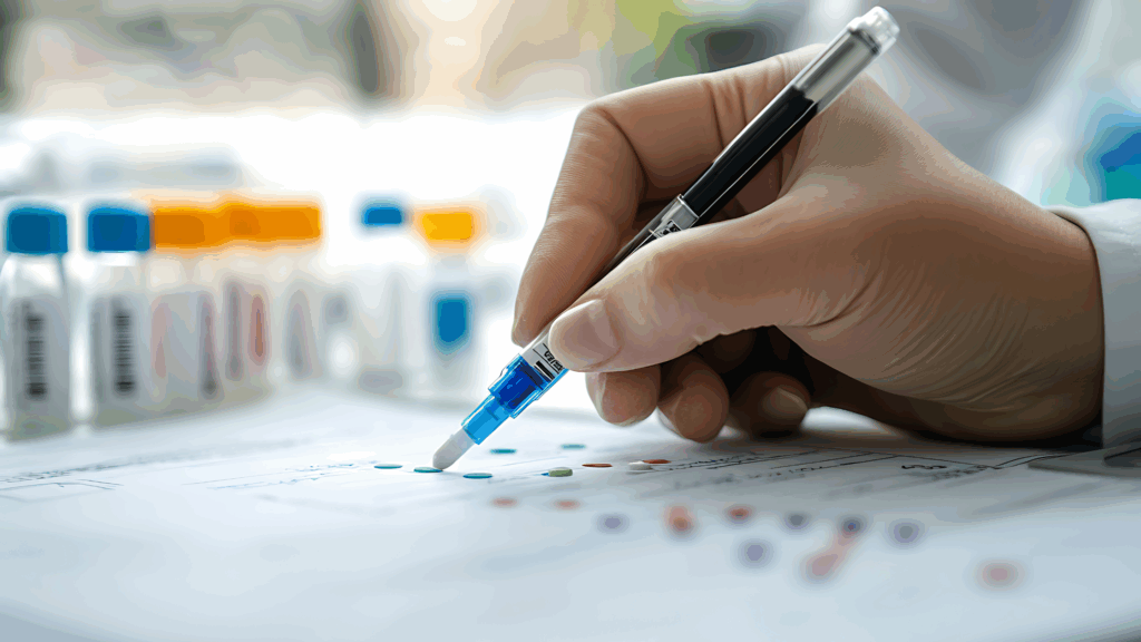 Image of a hand marking data with test tubes ion the background to denote the importance of medical data