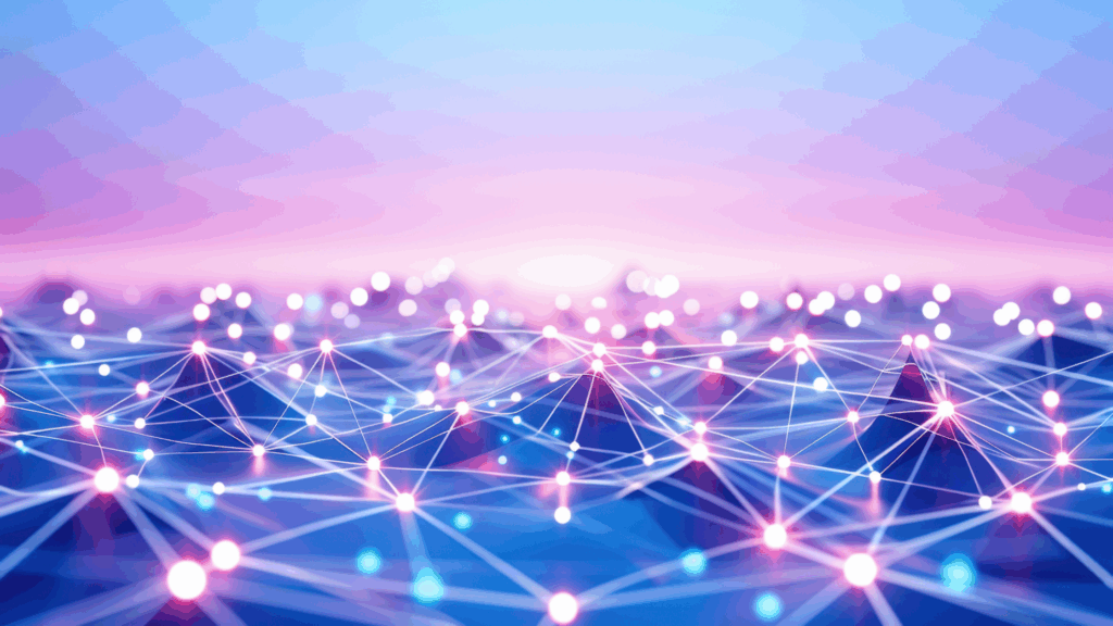 Image of connecting lines and lights to indicate global data sharing