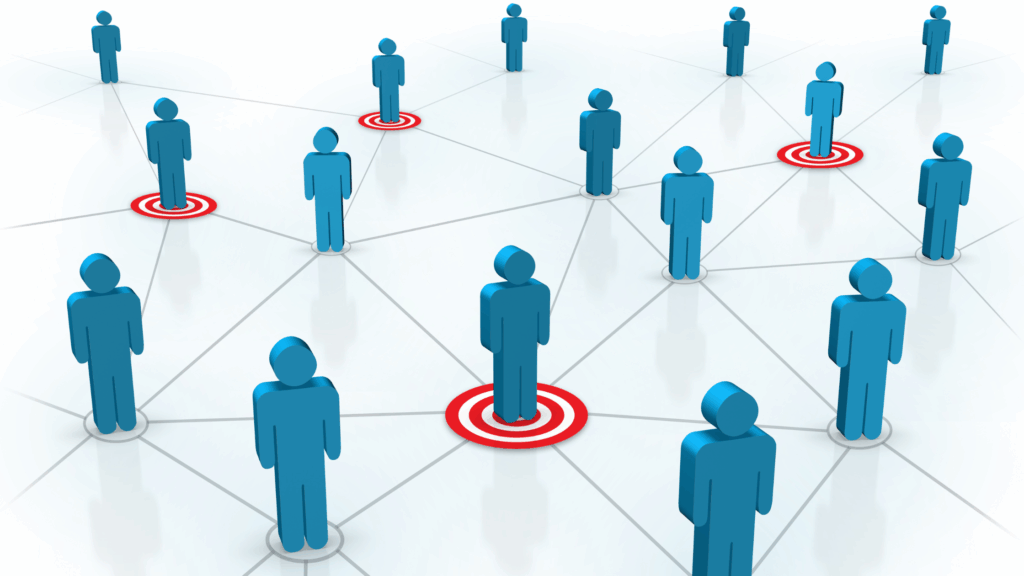 Photo of icons of people with connecting lines and targets under some on them to represent the targeted reach