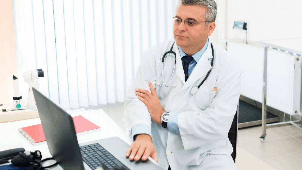 Photo of a doctor looking at a computer screen