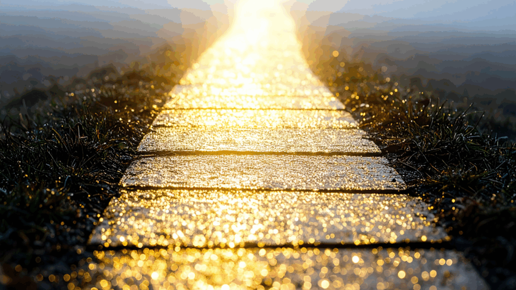 Photo of a path leading into the distance, illuminated by gold light