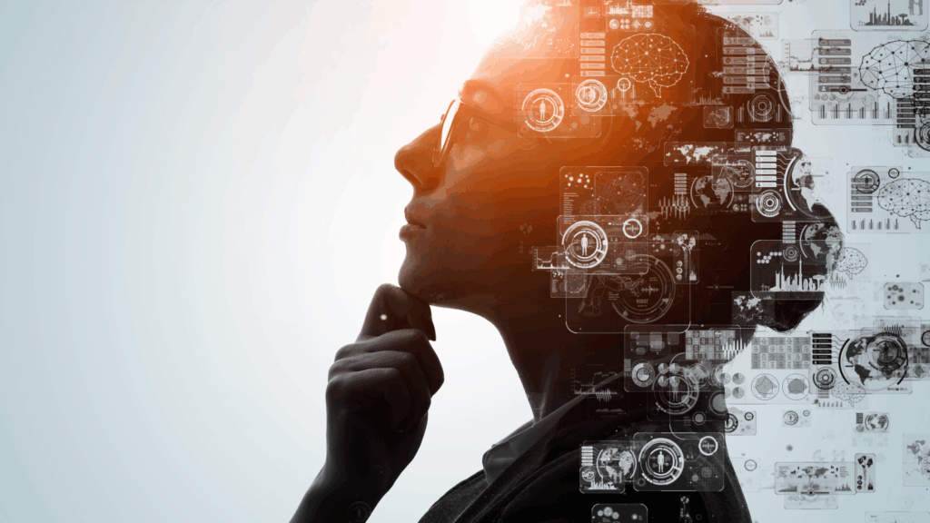 Image of a lady thinking with data and technology imagery overlaid