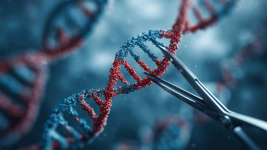 Image of scissors cutting a DNA strand to denote gene-editing