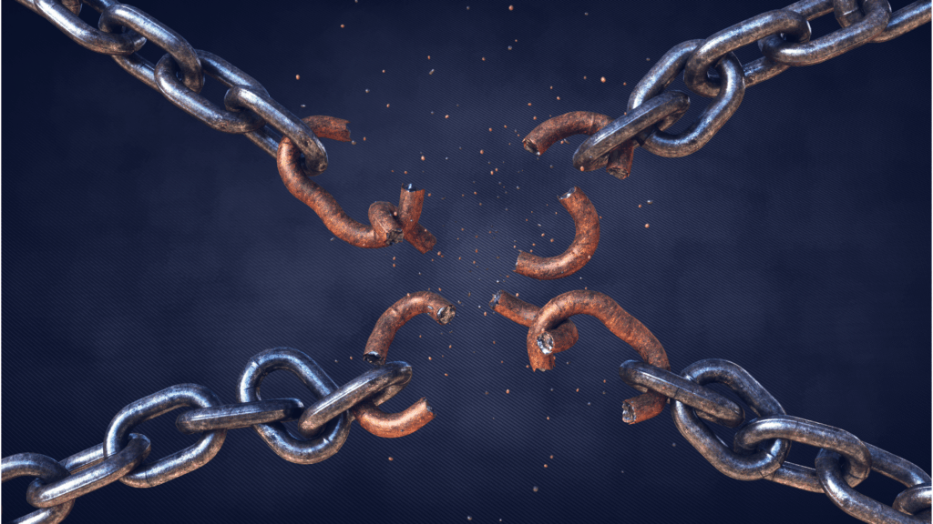 Image of four chains linked in an x shape breaking in the middle