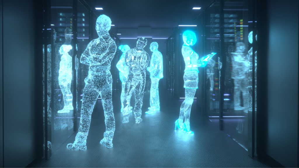 Image of 6 computerised people looking at computer servers to denote AI