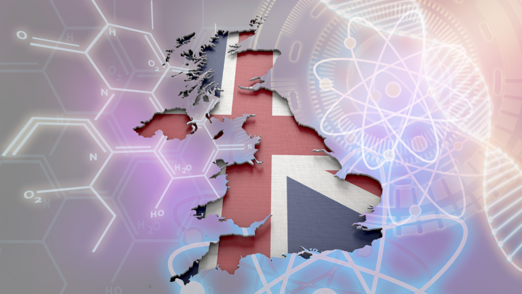 Image of a map of Britain overlaid on  an image of DNA and helix icons to denote life sciences 
