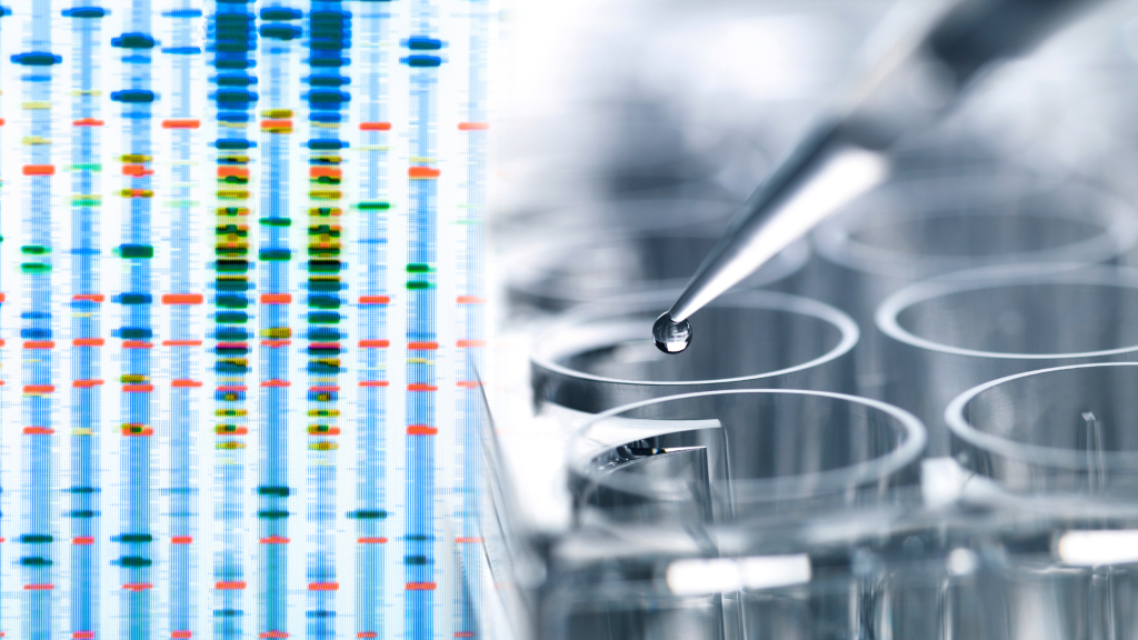 Image of genetic sequencing data and a pipette and test tubes, to denote whole genome sequencing