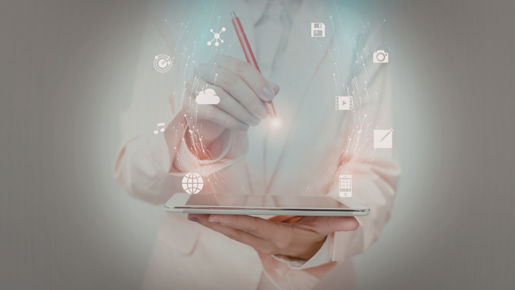 Image of a doctor with medical data images coming out of an ipad, to denote world data