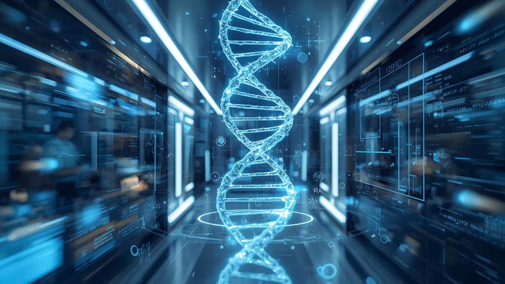 Futuristic image of a dNA helix and computer data to denote medical data sharing
