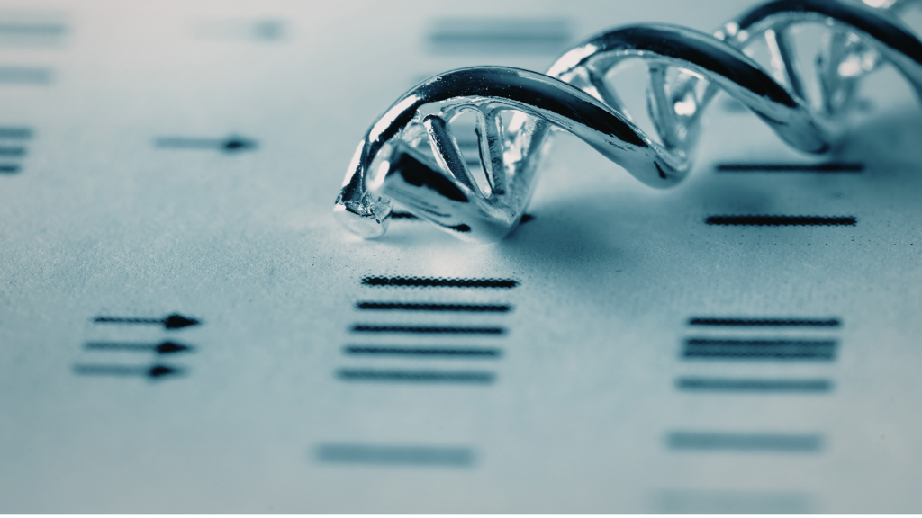 Image of a DNA helix on top of a genetic sequencing report