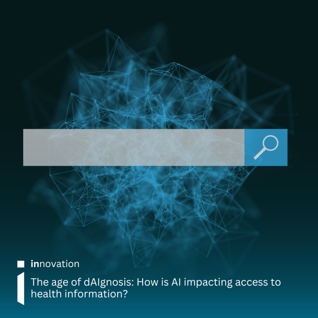 Image of an internet search bar with digital imagery in the background to denote AI technology