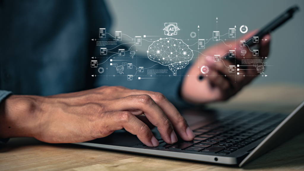 Image of hands typing on a laptop overlaid with AI digital imagery
