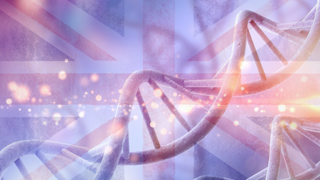 An image of a DNA helix super-imposed over the UK flag to denote science in the UK