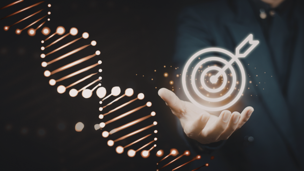 Photo of an arrow hitting the centre of a target with a DNA helix next to it to denote precision medicine