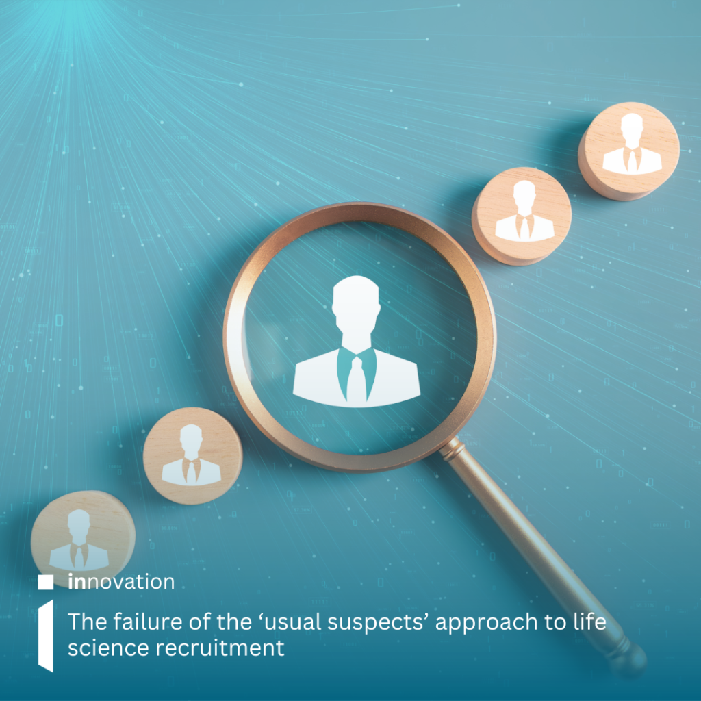 Image of a repeated icon of a business man, with a magnifying glass on one of the icons, with digital imagery in the background, to denote recruitment in AI.