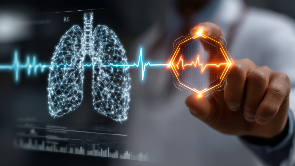 A photo of a digital lung and a heart rate line, to denote AI diagnostics.