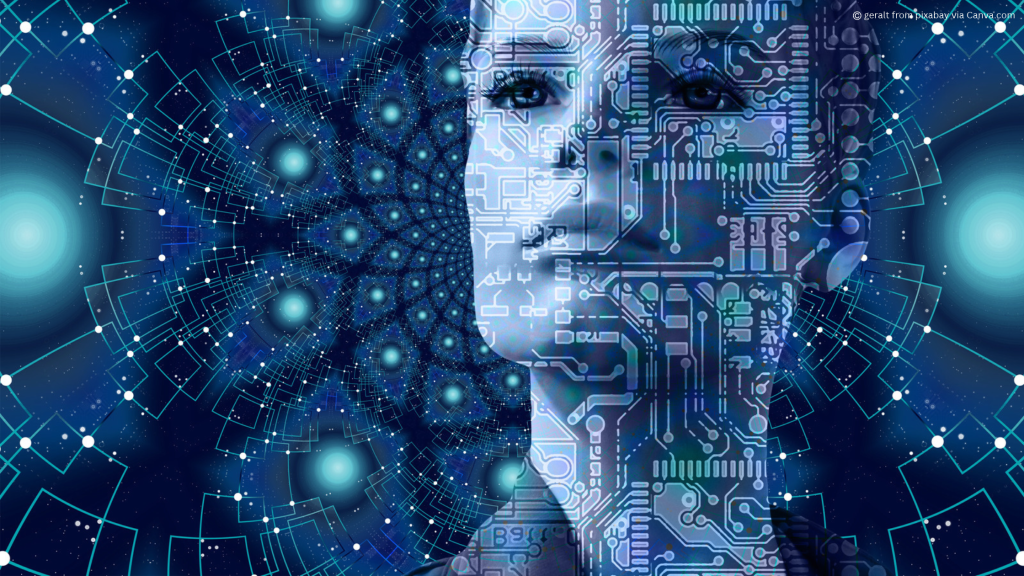 Image of data and machine learning overlaid over a face to denote machine learning