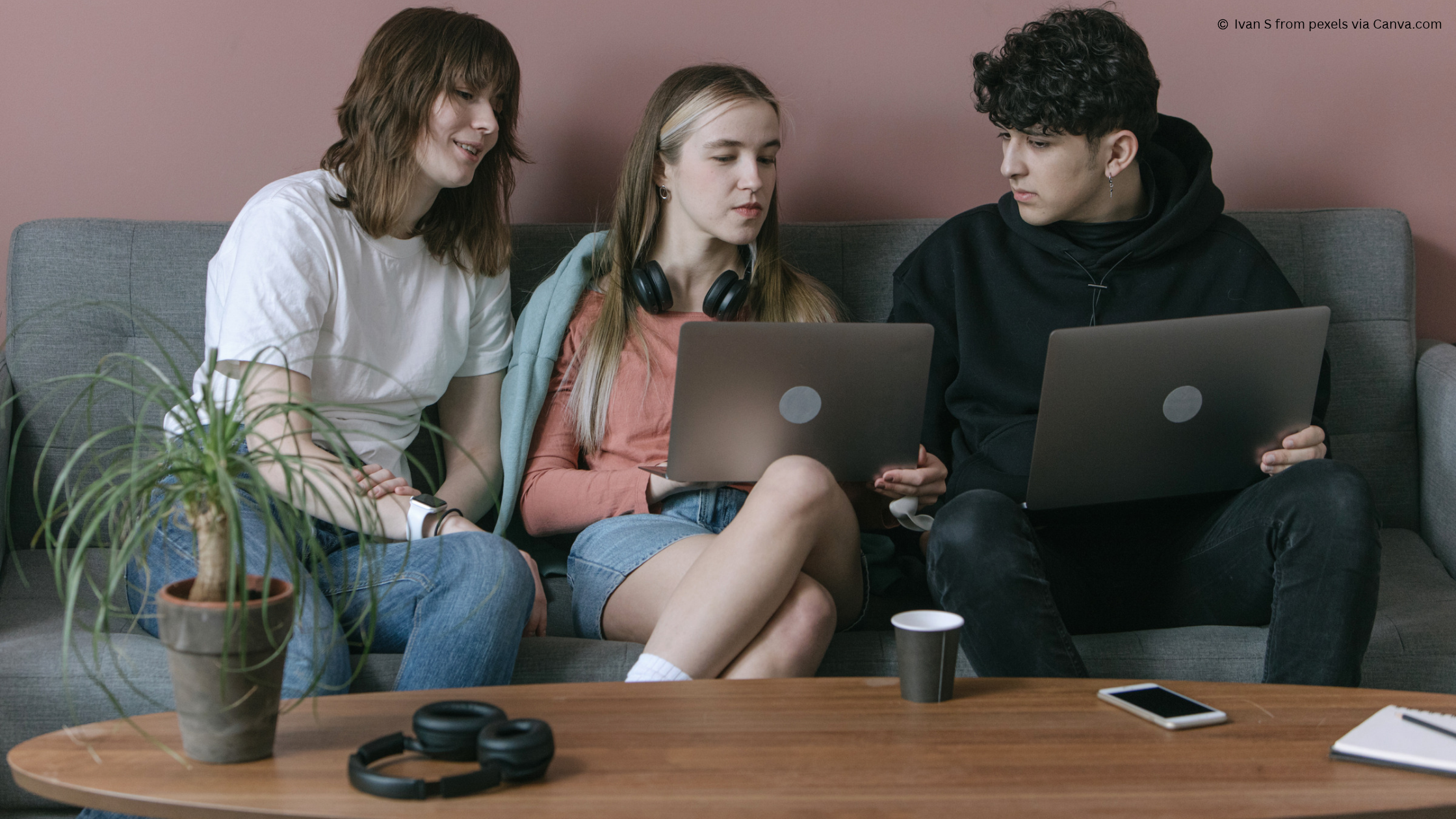 Photo of three young people consulting with each other looking at laptops